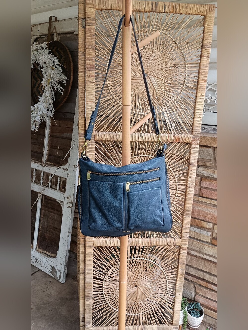 Fossil Piper Classic Navy/Purplish Leather Crossbody Bag/Purse